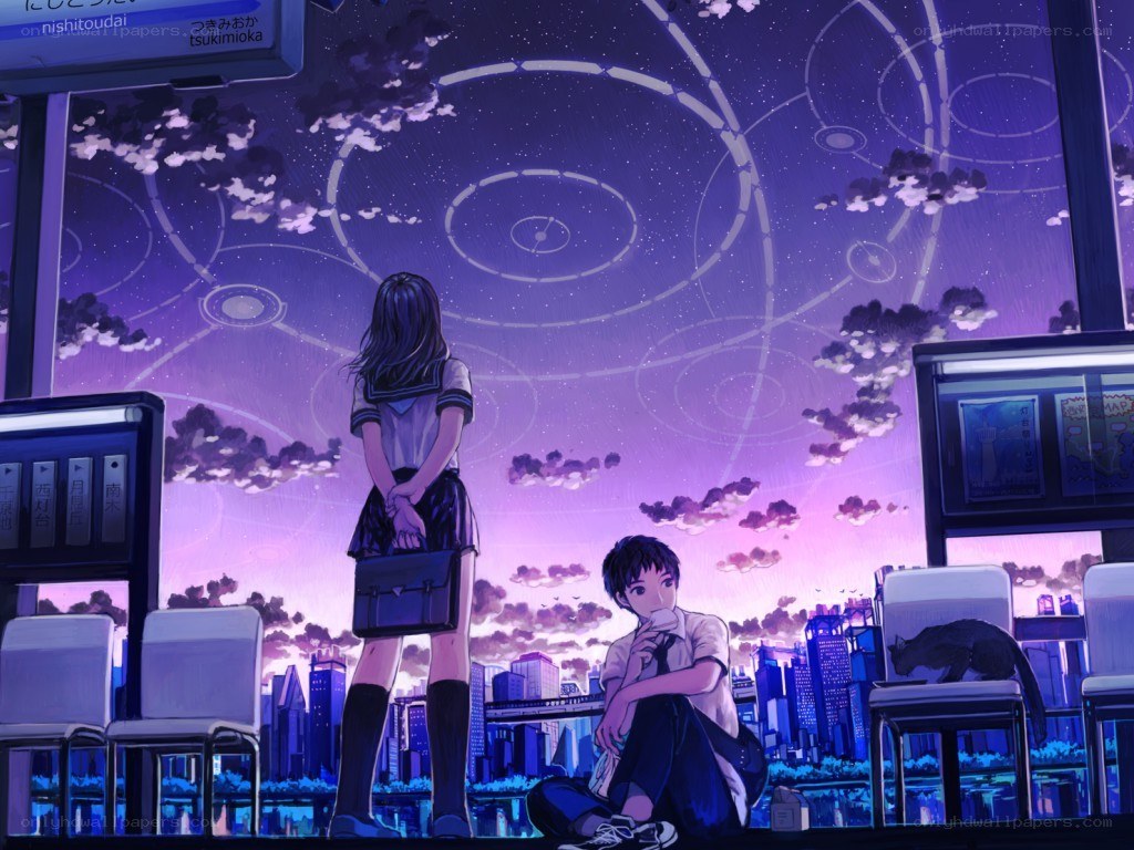 Anime couple at train station