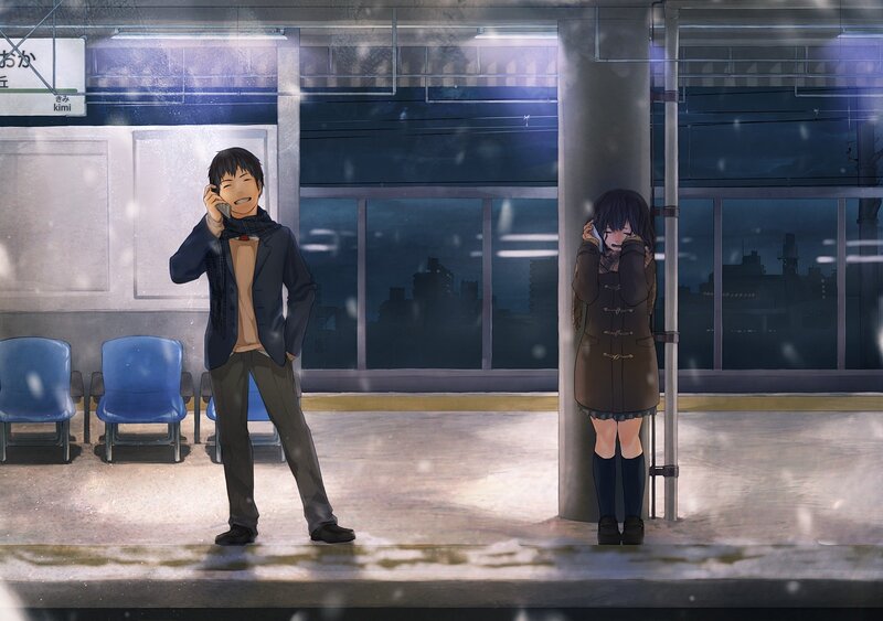 Anime Couple at Train Station — Blue