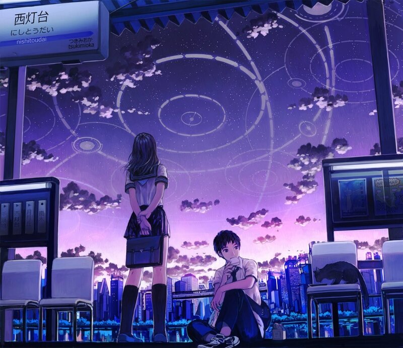 Anime Couple at Train Station — Purple