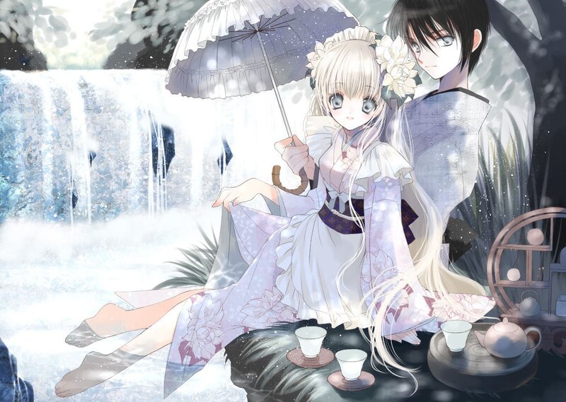Anime couple at waterfall