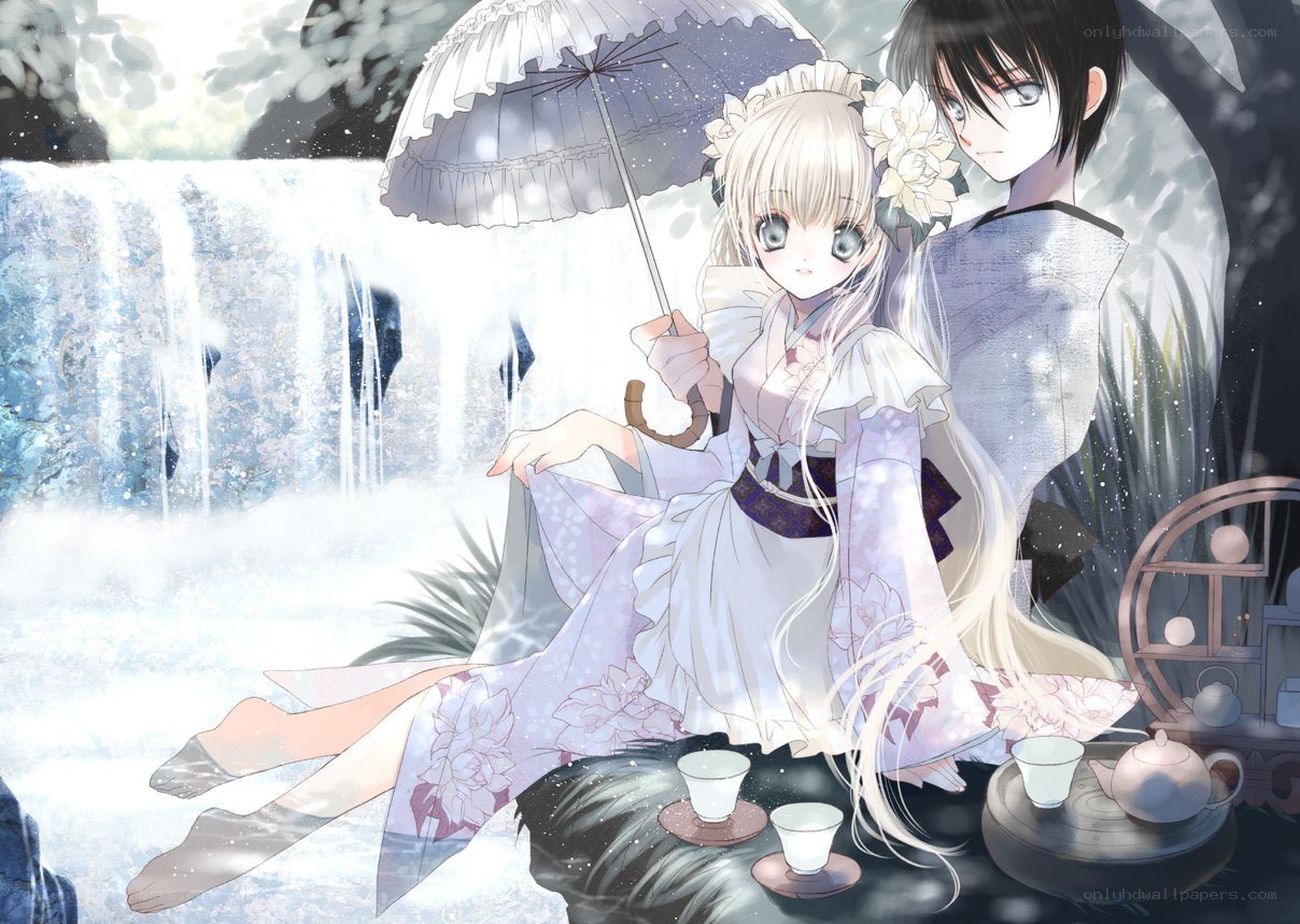 Anime couple at waterfall