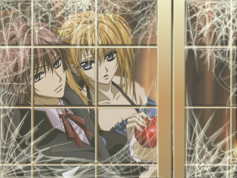 Anime couple behind cracked glass