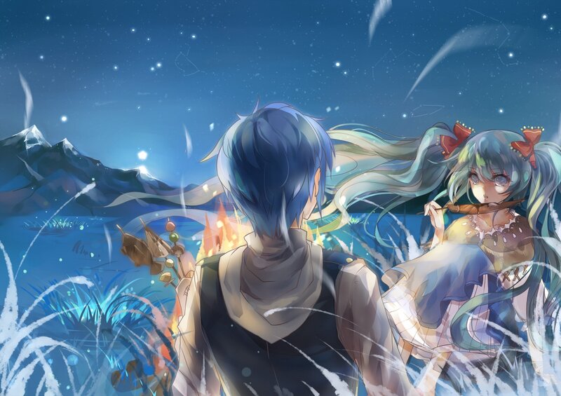 Anime couple by a campfire