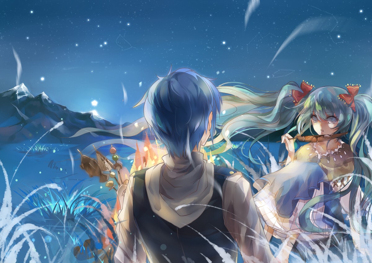 Anime couple by a campfire