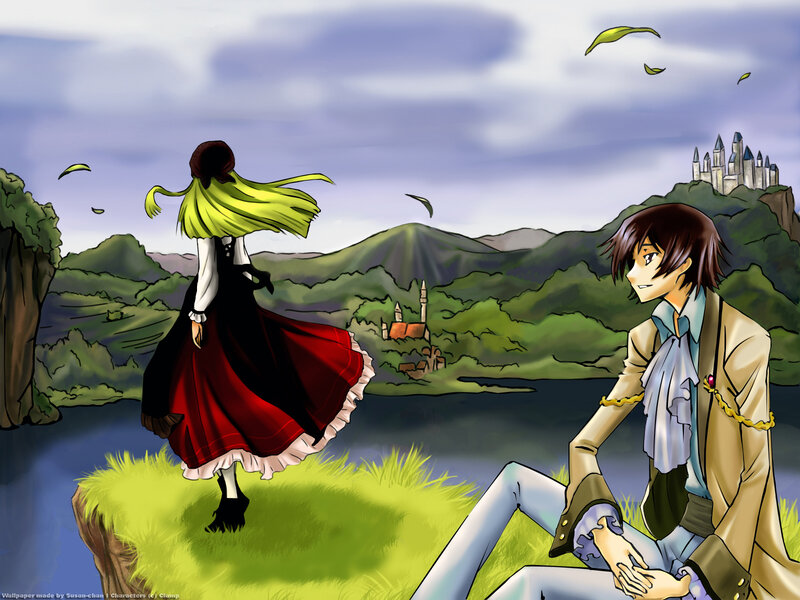 Anime couple by a lake