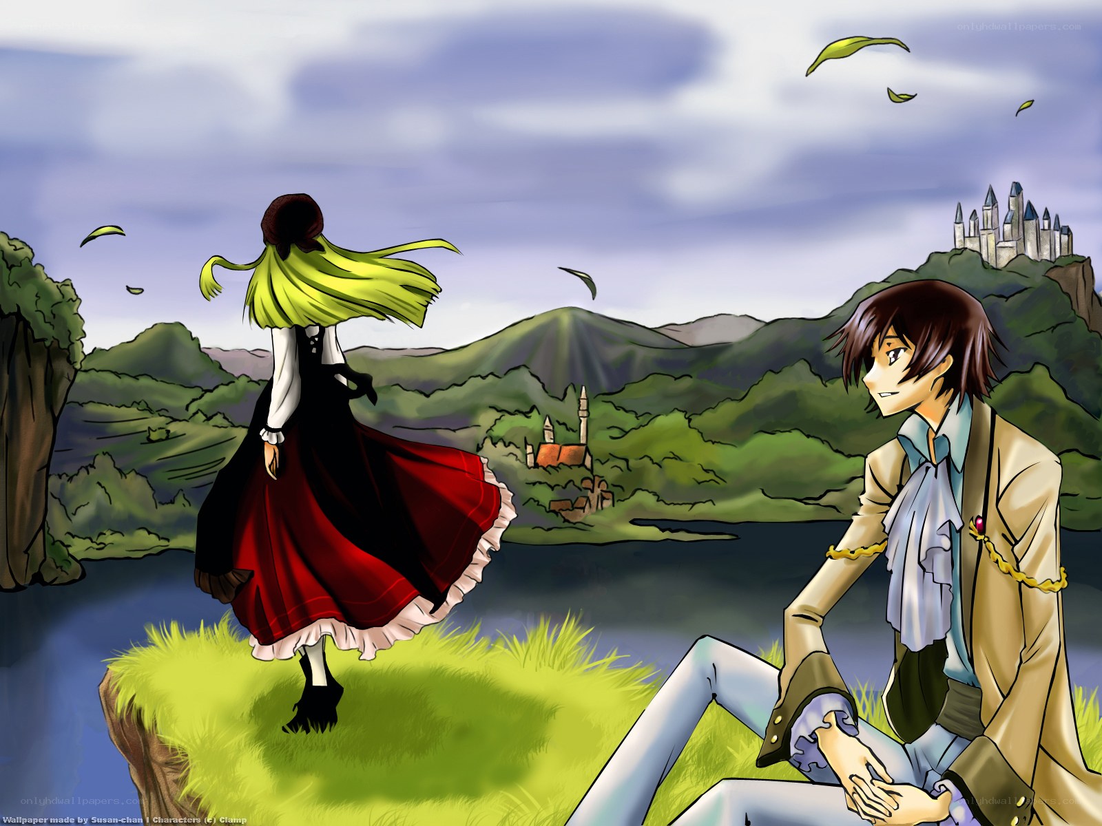 Anime couple by a lake