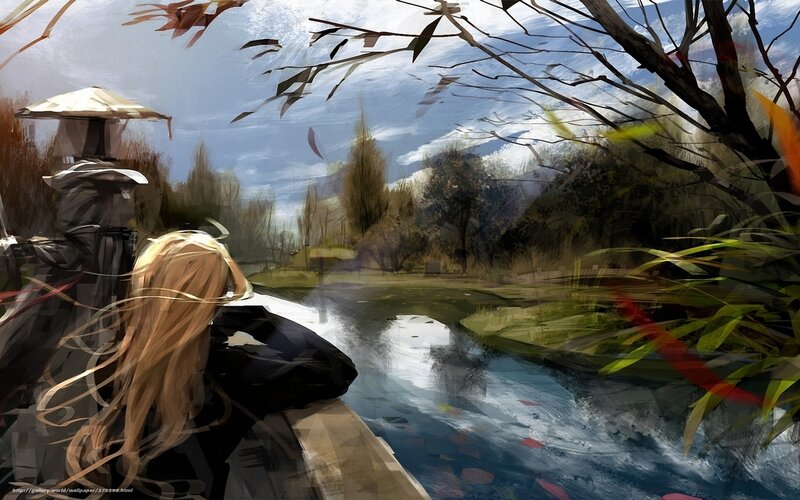Anime couple by a river