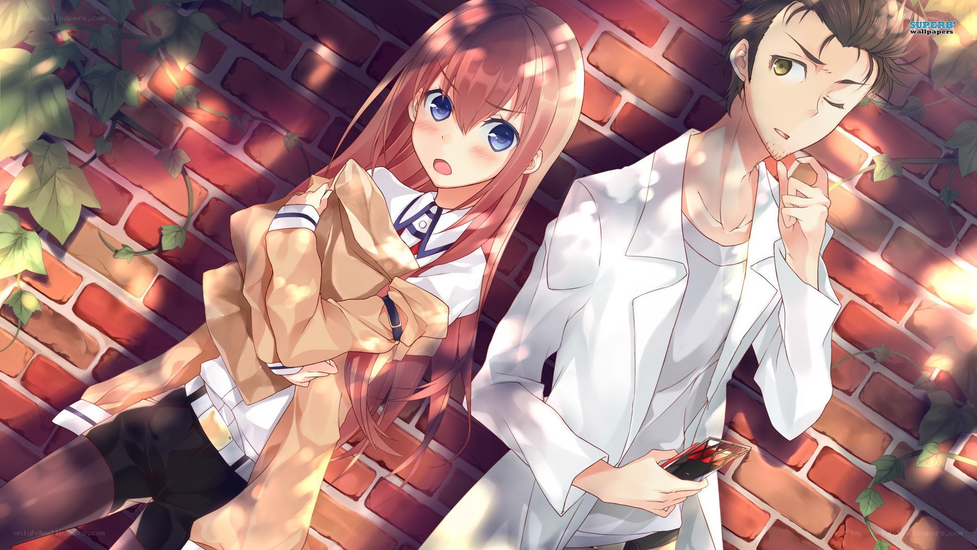 Anime couple by brick wall