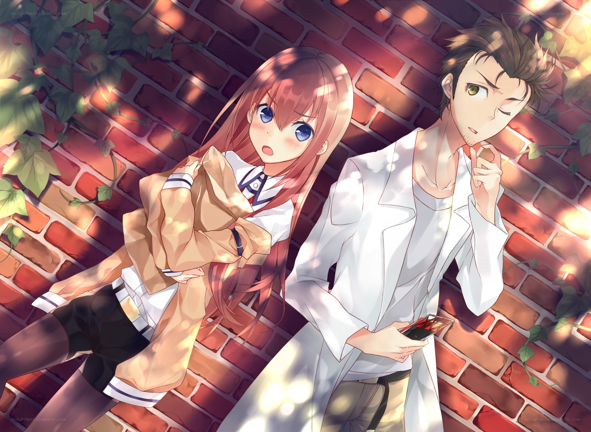 Anime couple by brick wall