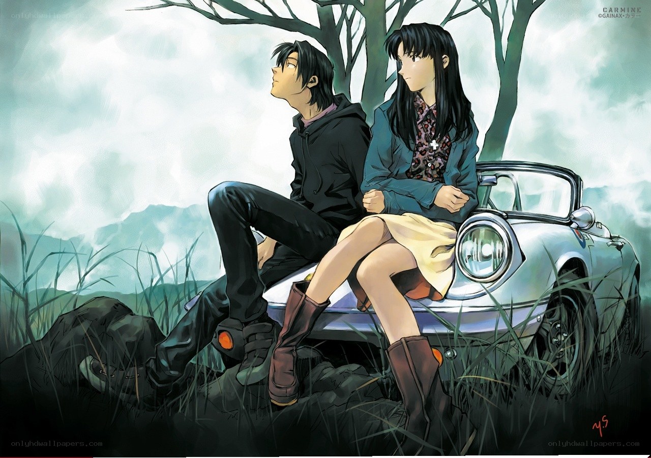 Anime couple by car