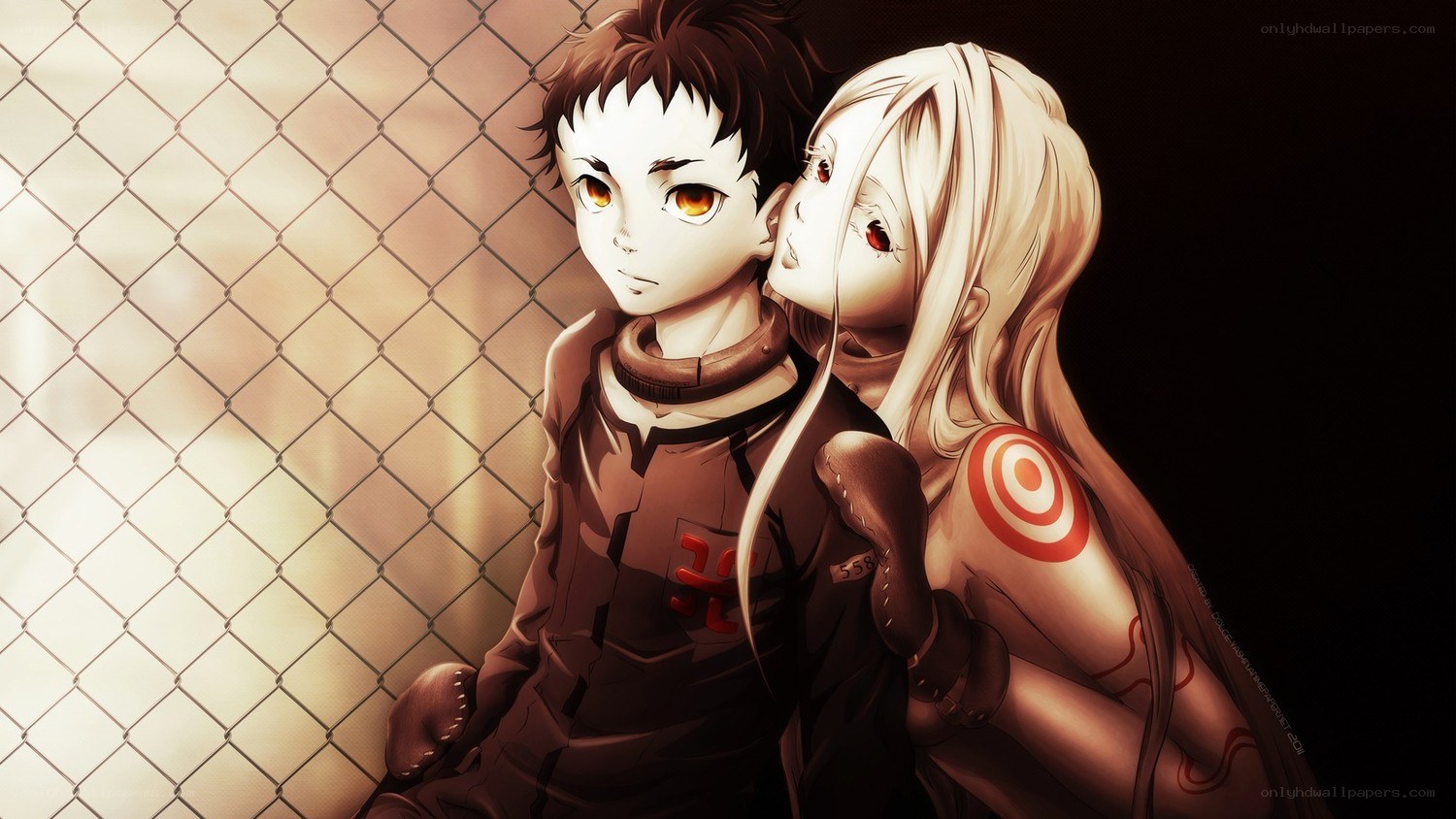 anime couple by chain-link fence