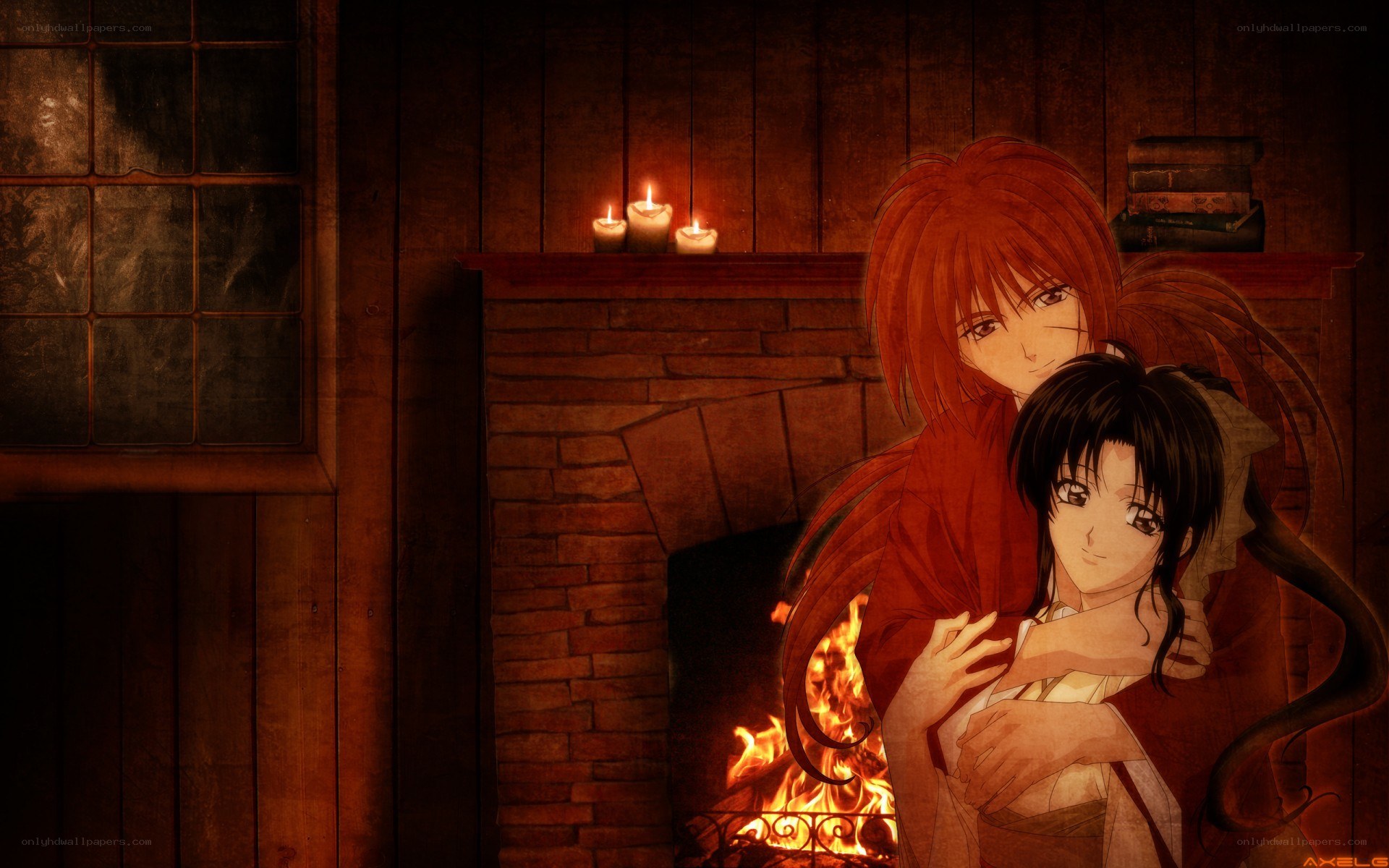 Anime couple by fireplace