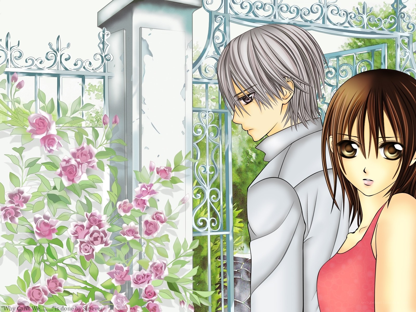 Anime couple by garden gate