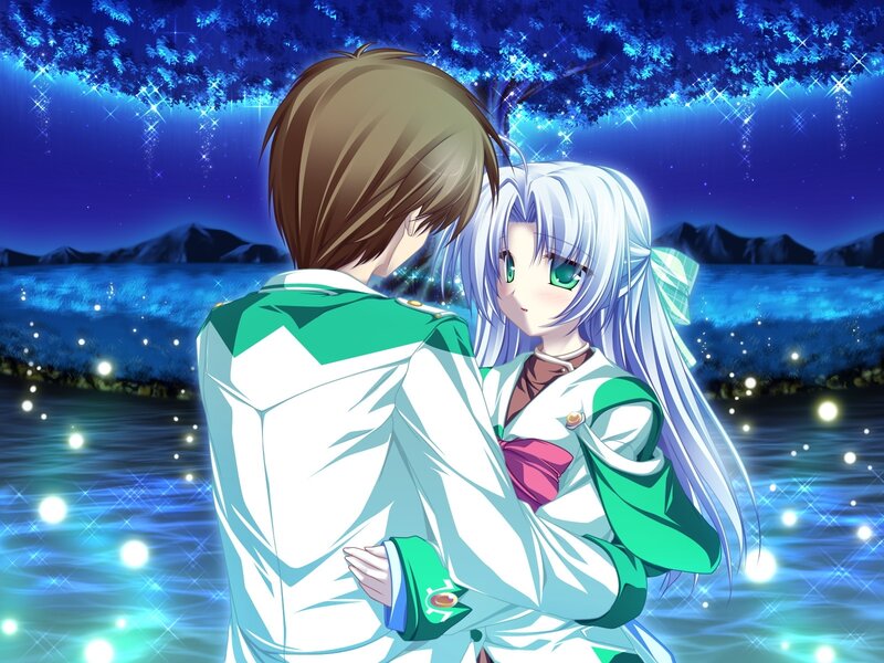 anime couple by moonlit lake