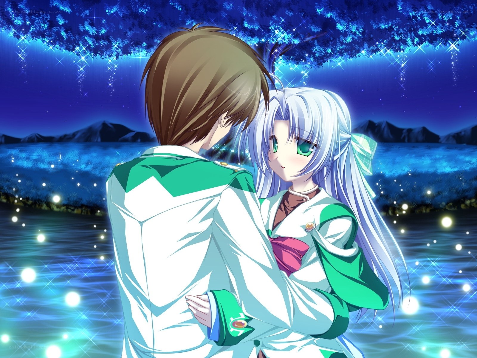 anime couple by moonlit lake