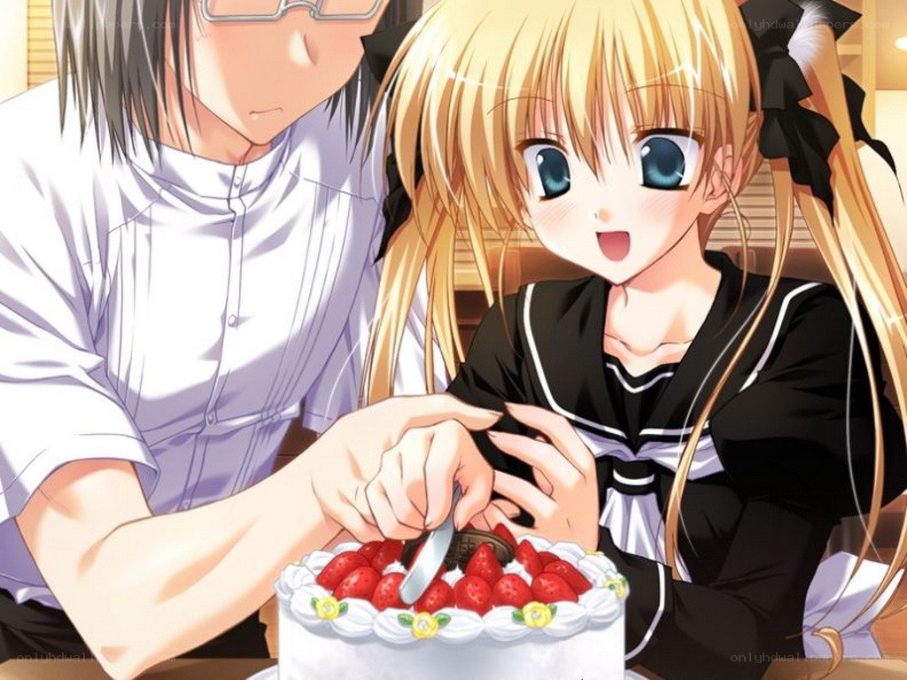 Anime couple cutting cake