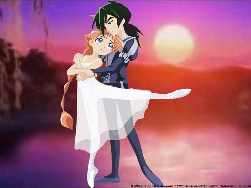 anime couple dancing at sunset