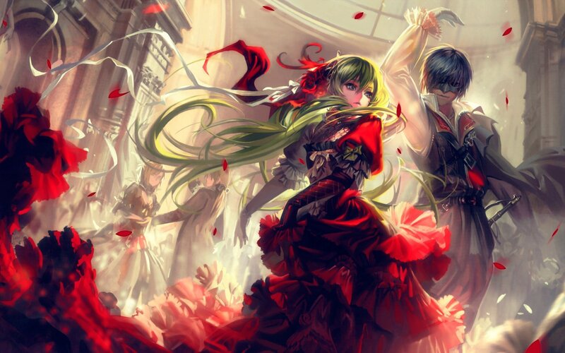 Anime Couple Dancing — Red, Dramatic, Digital Art, Red Flowers