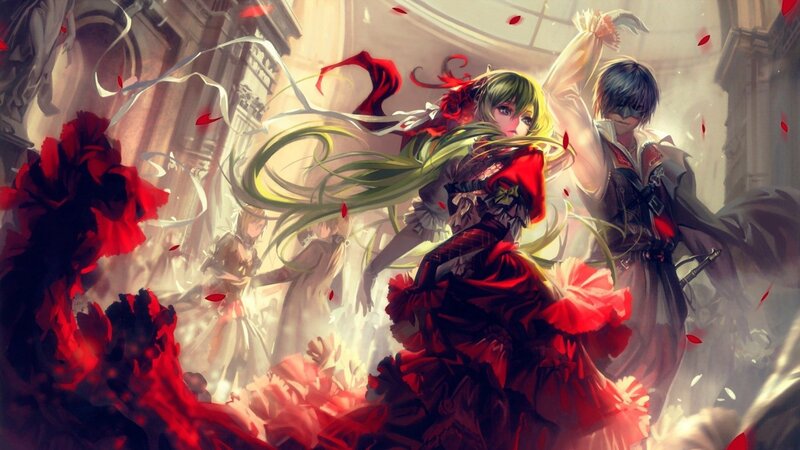 Anime Couple Dancing — Red, Dramatic, Digital Art, Red Roses, Ribbons