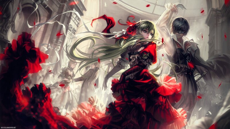Anime Couple Dancing — Red, Dramatic, Digital Art, Red Roses