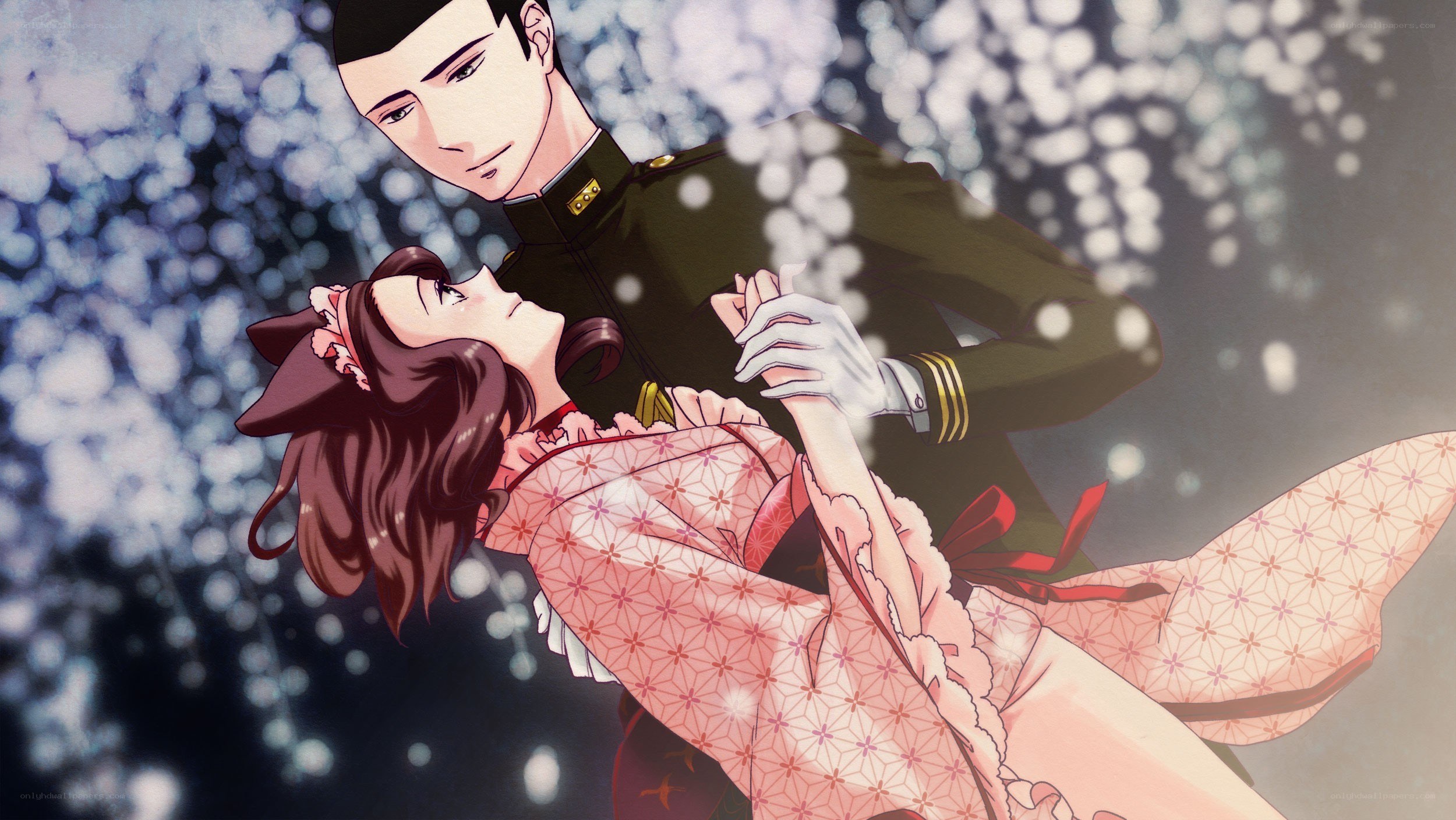 anime couple dancing under blossoms