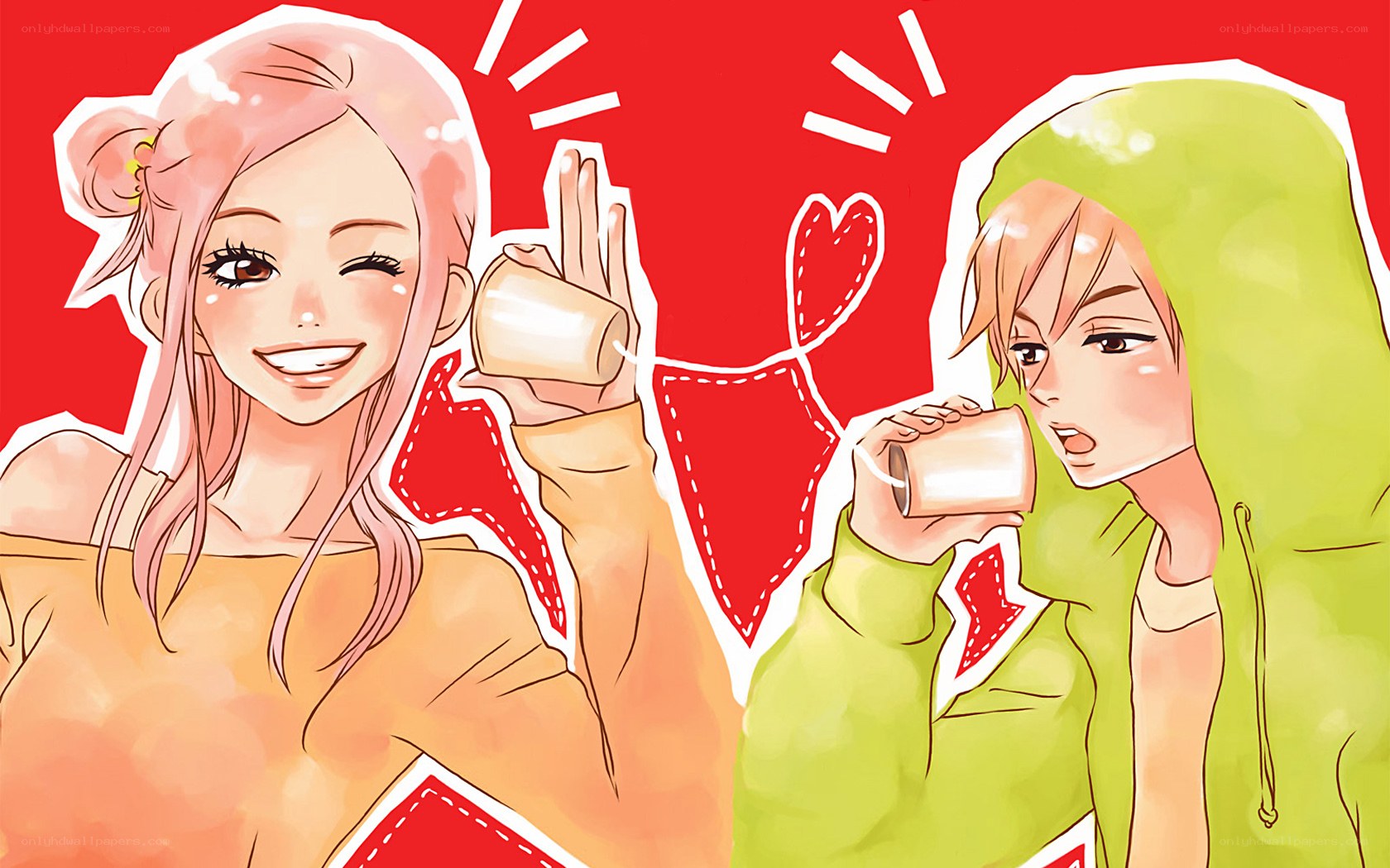 Anime couple drinking together