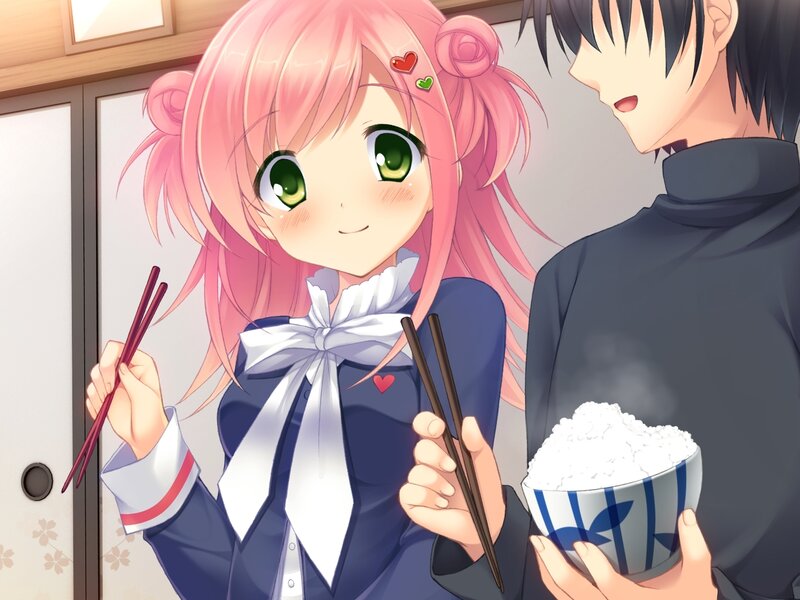 anime couple eating dinner