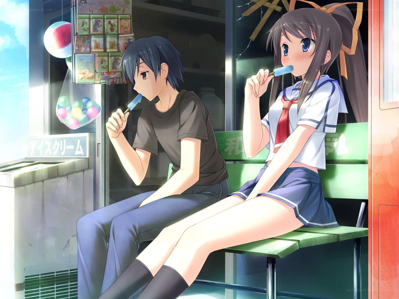 Anime couple eating ice cream