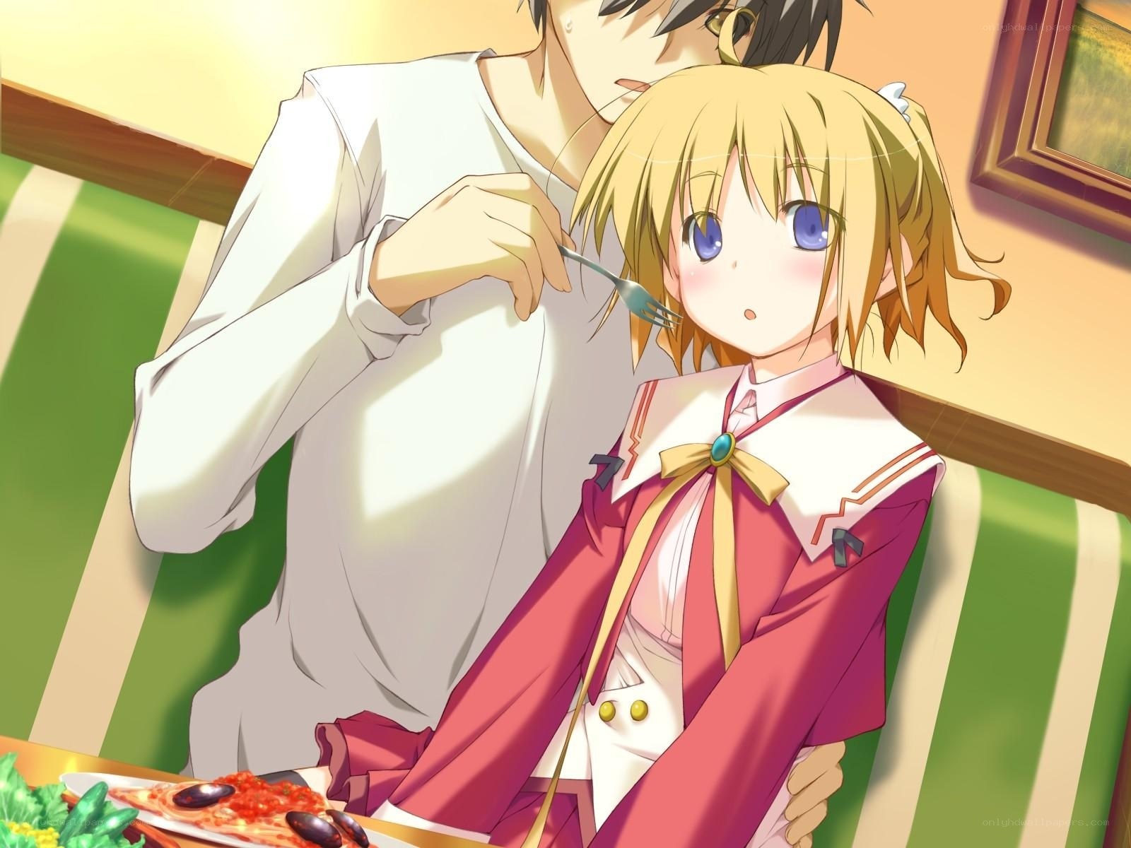 anime couple eating pizza