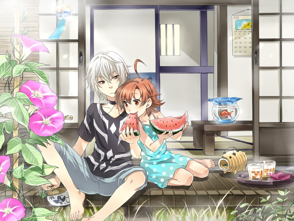 Anime couple eating watermelon