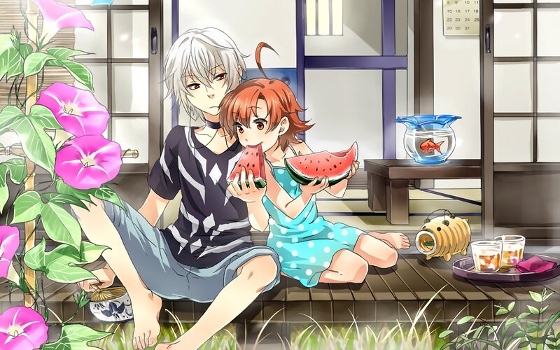 Anime couple eating watermelon