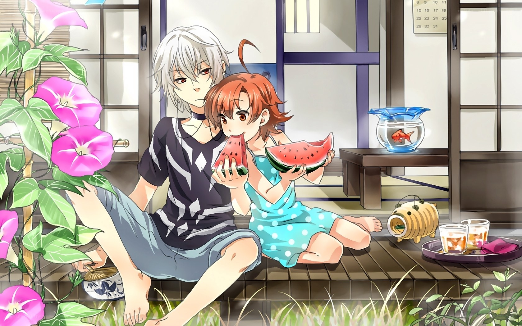Anime couple eating watermelon