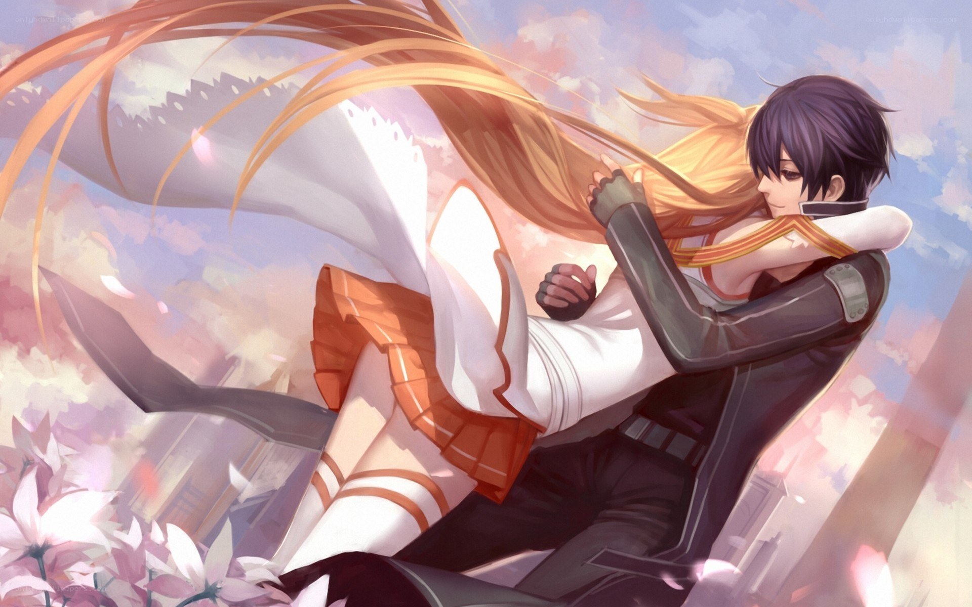 anime couple embrace