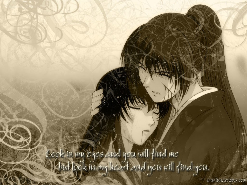 anime couple embrace