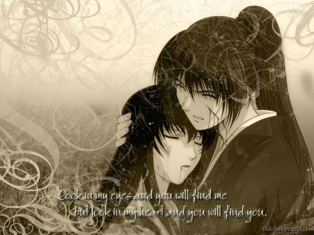 anime couple embrace