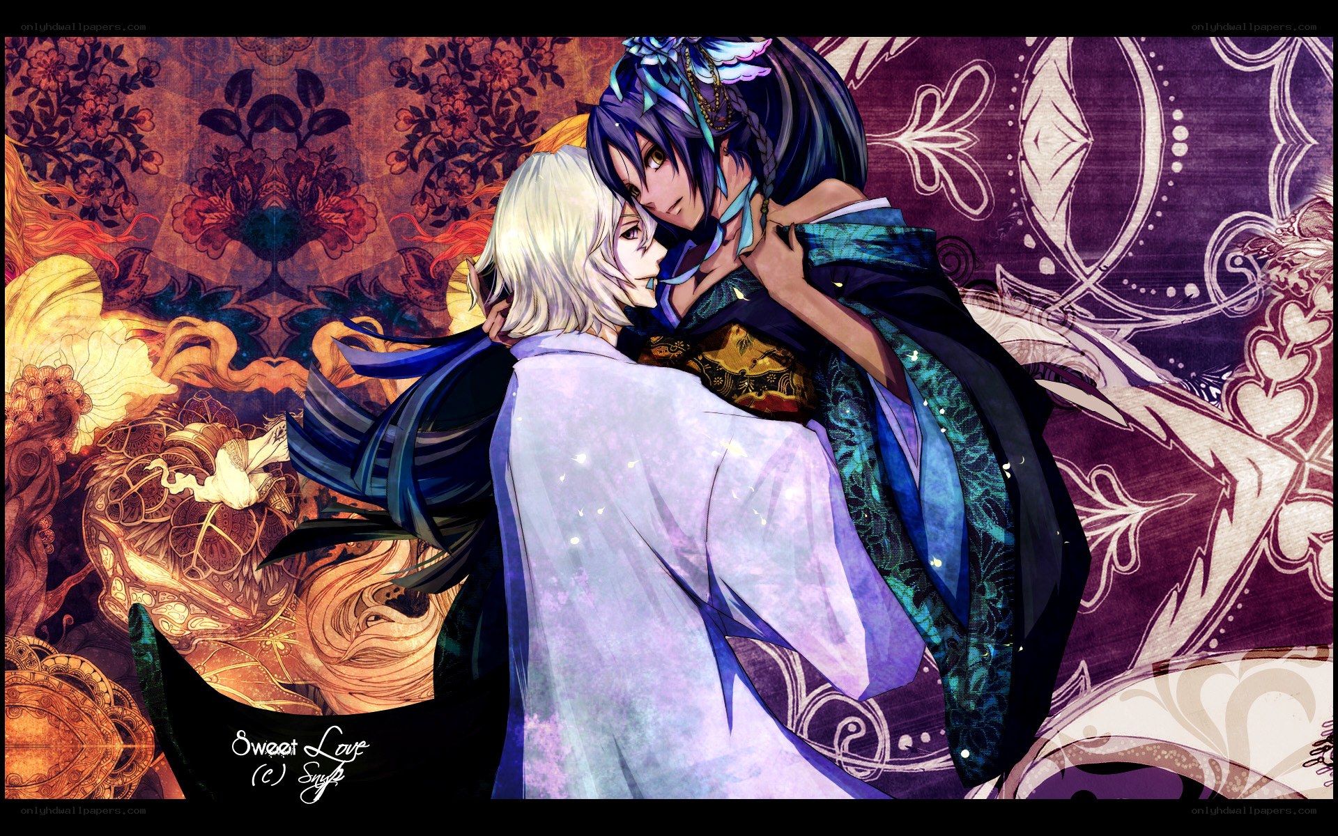 anime couple embrace