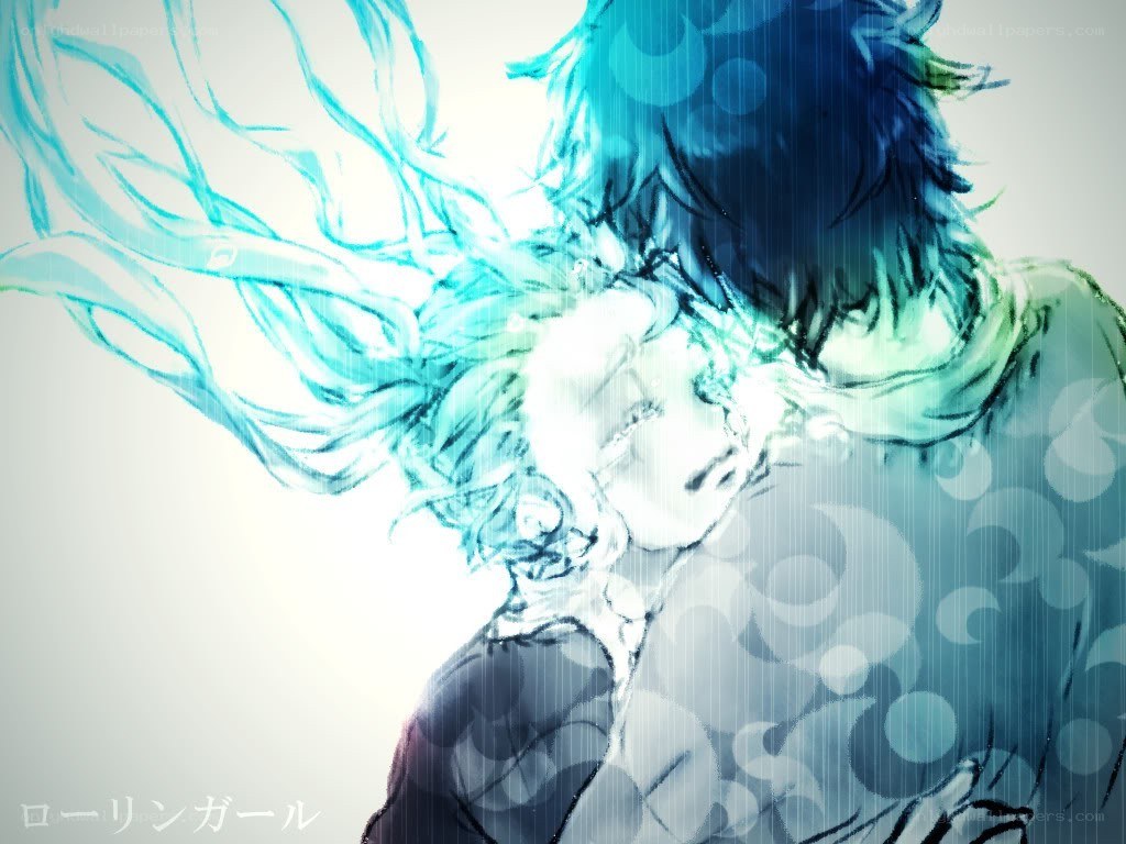 anime couple embrace