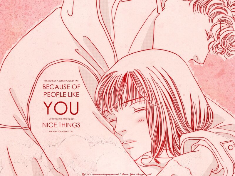 Anime couple embrace