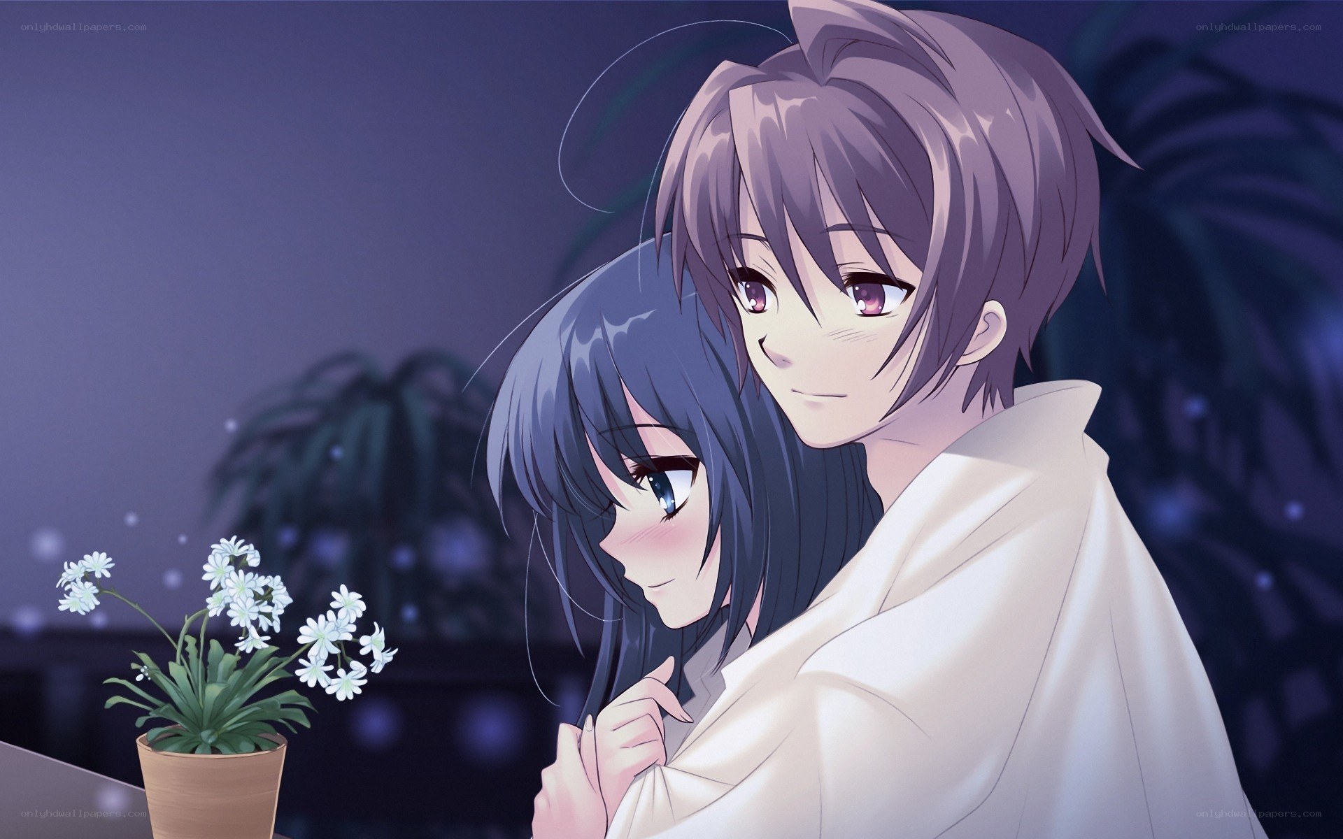 anime couple embrace