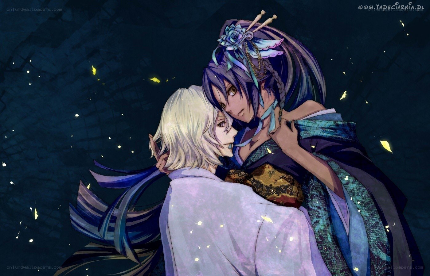 anime couple embrace