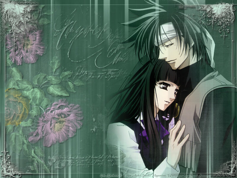 anime couple embrace