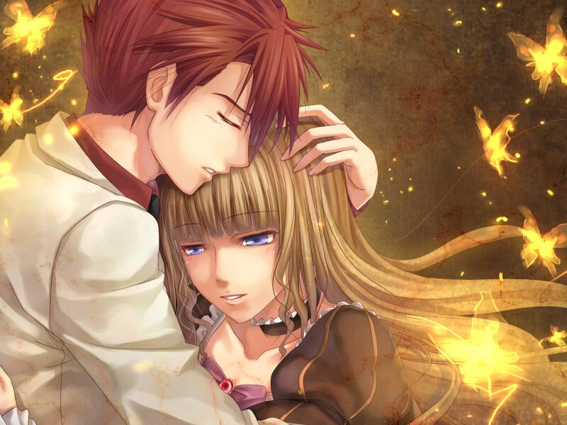 anime couple embrace