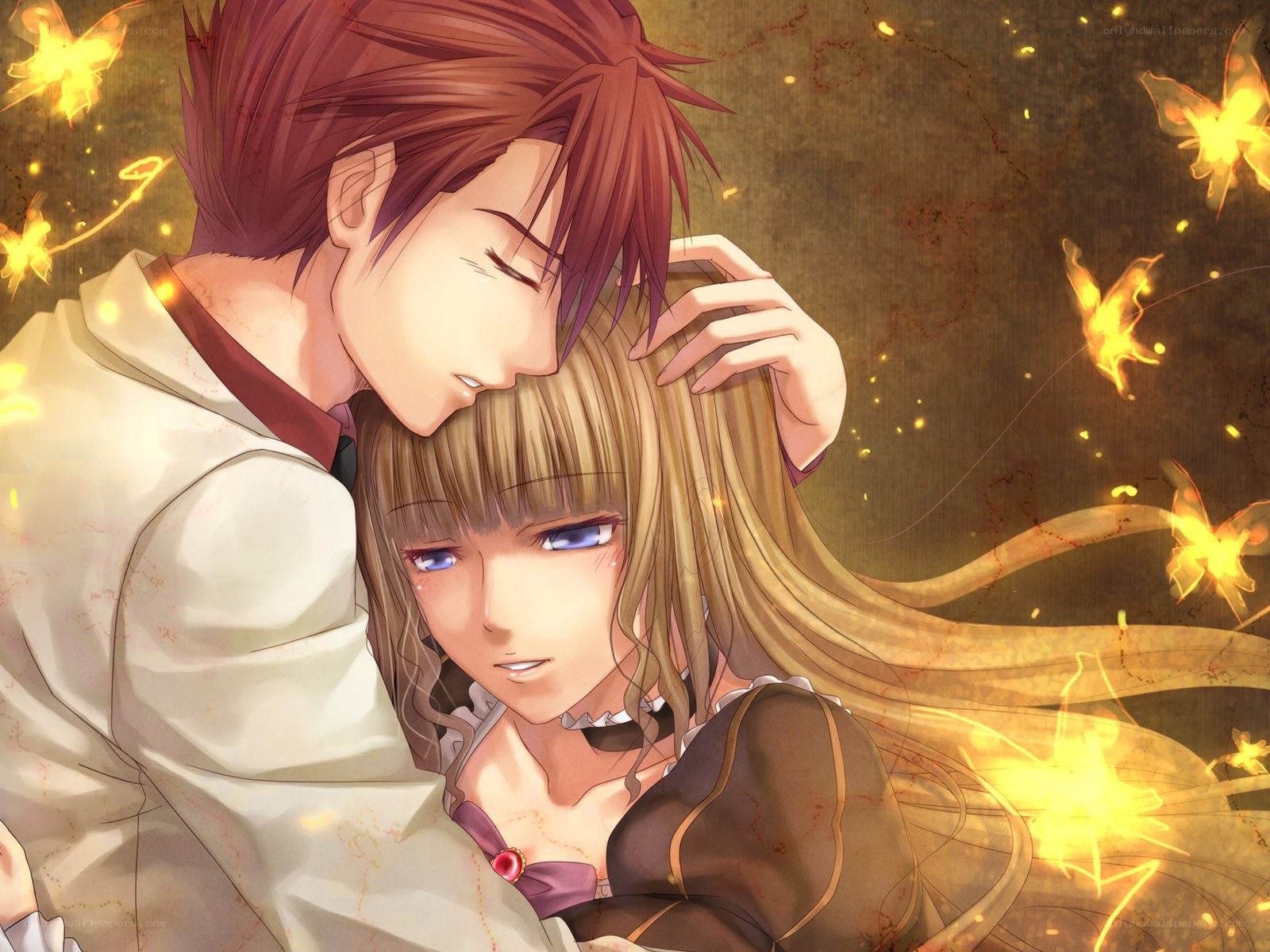 anime couple embrace