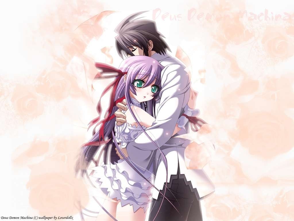 anime couple embrace