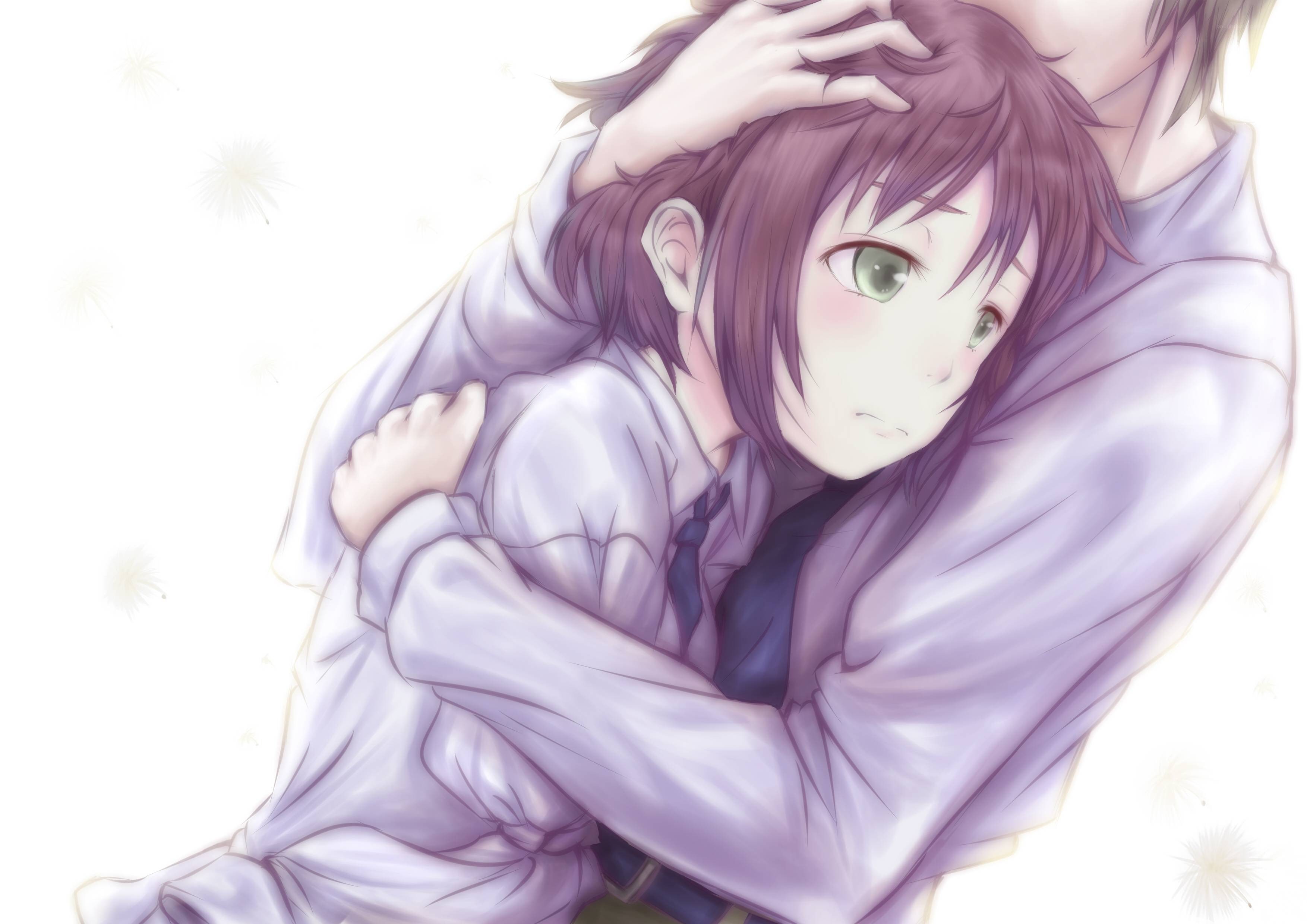 anime couple embrace
