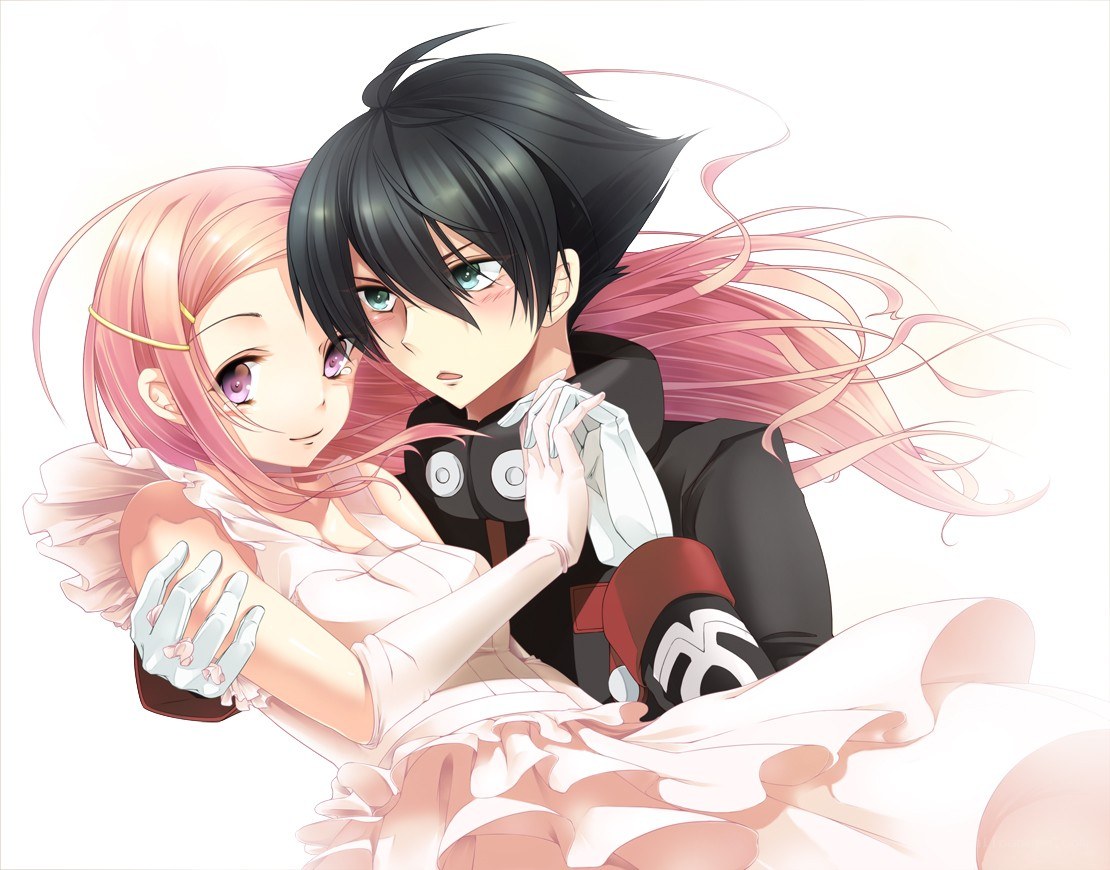 anime couple embrace