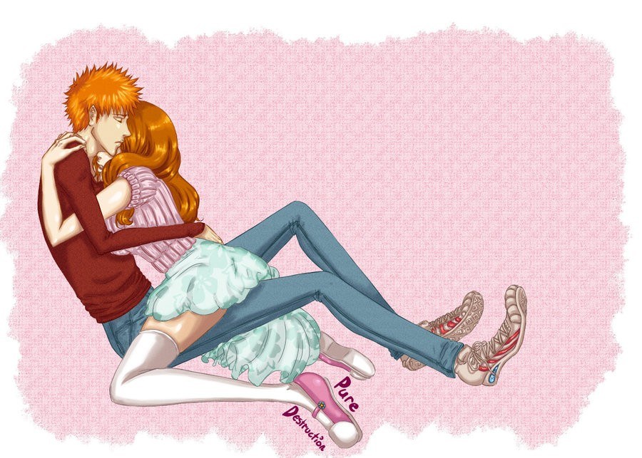 anime couple embrace
