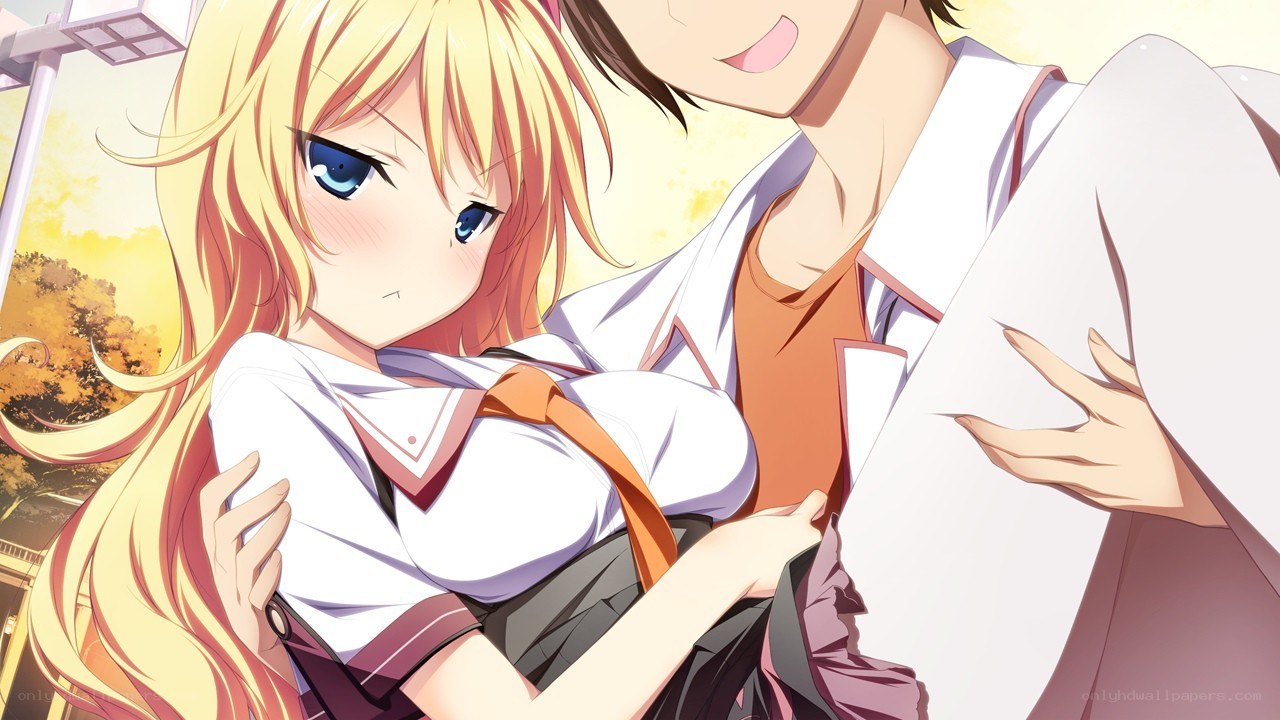 anime couple embrace