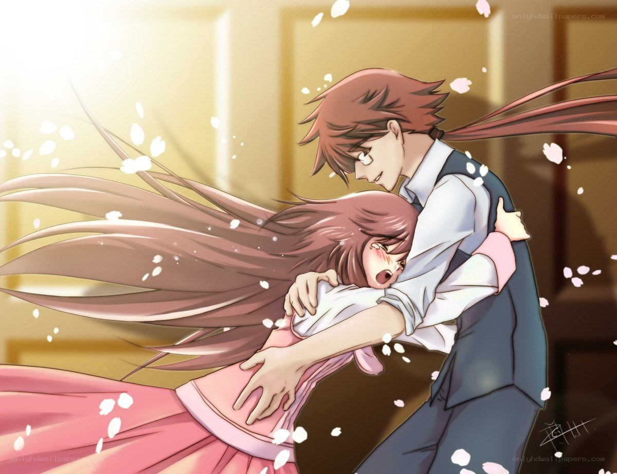 anime couple embrace