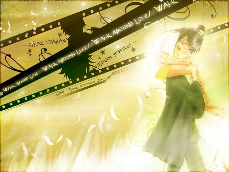 Anime couple embrace in golden light